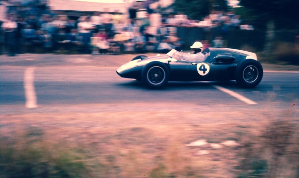 Jack Brabham Cooper T51 Climax on the approach to Pub Corner Longford 1960